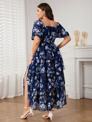 SCOMCHIC Womens Plus Size Maxi Dress Wedding Guest Cocktail Evening Party Elegant Short Sleeve Tiered Split Long Dresses in Saudi Arabia
