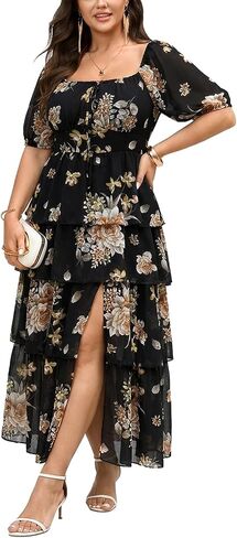 SCOMCHIC Womens Plus Size Maxi Dress Wedding Guest Cocktail Evening Party Elegant Short Sleeve Tiered Split Long Dresses in Saudi Arabia