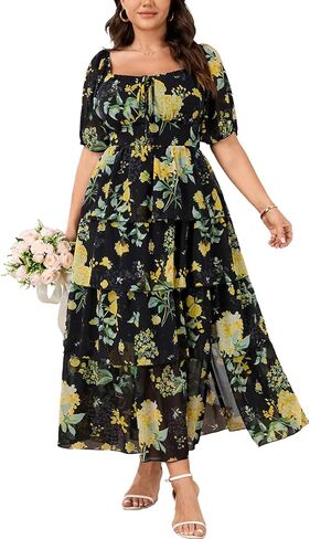 SCOMCHIC Womens Plus Size Maxi Dress Wedding Guest Cocktail Evening Party Elegant Short Sleeve Tiered Split Long Dresses in Saudi Arabia