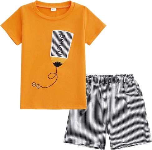 طقم ملابس كاجوال صيفي للأطفال من Tween Boy تي شيرت مطرز بالقلم الرصاص + شورت مخطط بالأبيض والأسود in Kuwait