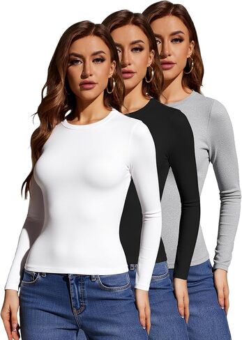 Women's Multi-Pack Knit Long Sleeve T-Shirt, Slim Fit Tops, Athletic & Casual in Saudi Arabia