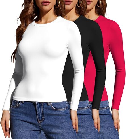 Women's Multi-Pack Knit Long Sleeve T-Shirt, Slim Fit Tops, Athletic & Casual in Saudi Arabia
