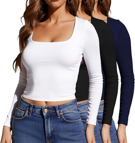 Women's Multi-Pack Knit Long Sleeve T-Shirt, Slim Fit Tops, Athletic & Casual in Saudi Arabia