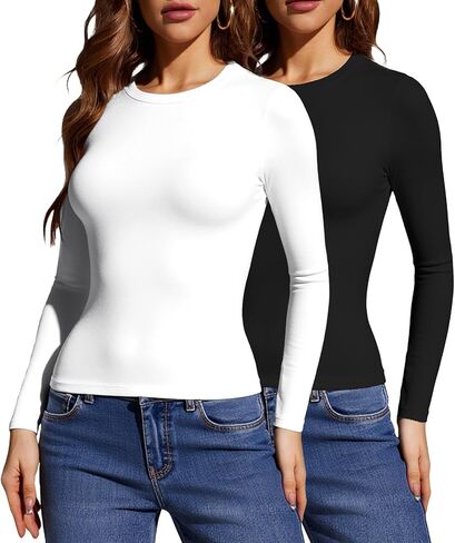 Women's Multi-Pack Knit Long Sleeve T-Shirt, Slim Fit Tops, Athletic & Casual in Saudi Arabia