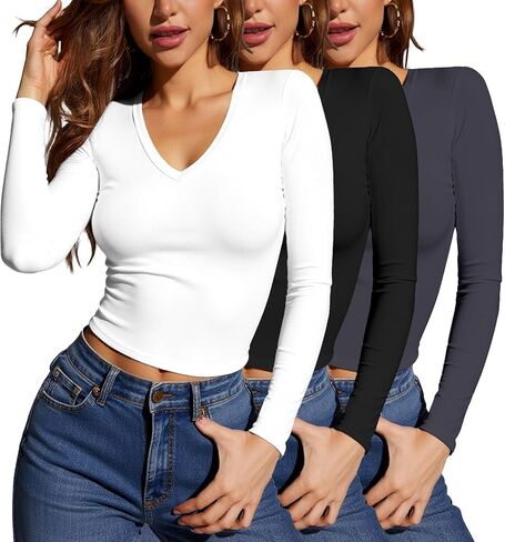 Women's Multi-Pack Knit Long Sleeve T-Shirt, Slim Fit Tops, Athletic & Casual in Saudi Arabia