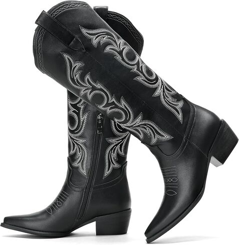 Cozivwaiy النساء أحذية رعاة البقر المطرزة أحذية عالية في الركبة 1.96 بوصة الكعب سحب على راعية البقر بو الجلود البلد كونسنت طويل القامة نصف سحاب مكتنزة مدببة in Kuwait