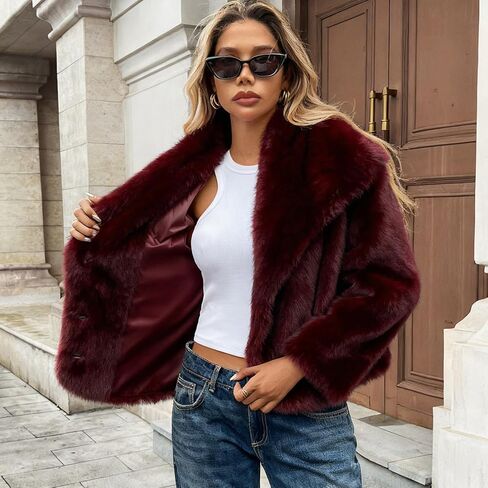 معطف نسائي من الفرو الصناعي من ALSOGO جاكيت أشعث منفوش وطية صدر مفتوحة من الأمام وأكمام طويلة سترات شتوية دافئة معطف فروي لون أحمر خمري XL in Kuwait