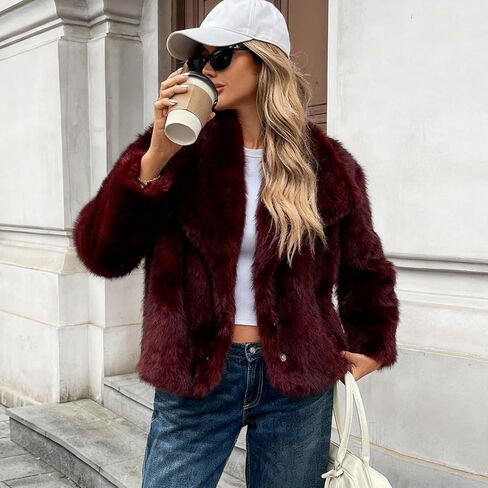 معطف نسائي من الفرو الصناعي من ALSOGO جاكيت أشعث منفوش وطية صدر مفتوحة من الأمام وأكمام طويلة سترات شتوية دافئة معطف فروي لون أحمر خمري XL in Kuwait