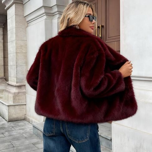 معطف نسائي من الفرو الصناعي من ALSOGO جاكيت أشعث منفوش وطية صدر مفتوحة من الأمام وأكمام طويلة سترات شتوية دافئة معطف فروي لون أحمر خمري XL in Kuwait