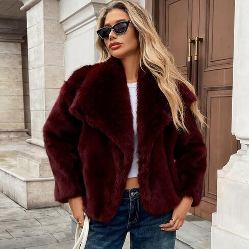 معطف نسائي من الفرو الصناعي من ALSOGO جاكيت أشعث منفوش وطية صدر مفتوحة من الأمام وأكمام طويلة سترات شتوية دافئة معطف فروي لون أحمر خمري XL in Kuwait