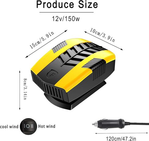 سخان 12 فولت للسيارة، 150 وات، مروحة تبريد سريعة التسخين، مزيل الضباب ومزيل الصقيع، دوران 360 درجة، سخان سيارة محمول يمكن توصيله بولاعة السجائر، حرارة هواء صغيرة 202504 in Kuwait