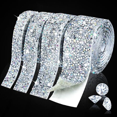 4 Rolls Crystal Rhinestone Ribbon - Self Adhesive Bling Ribbon Diamond Ribbon Rhinestone Tape, Diamond Ribbon Bling Wrap for Craft, Clothes, Bottle, Cake, Phone, Birthday, Wedding Decor (AB Sliver) in Kuwait