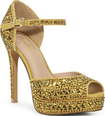المرأة زقزقة اصبع القدم منصة Stiletto صندل كعب عالٍ سباركلي الراين كعب أحذية الزفاف للعروس حفلة سهرة فستان مضخات الذهب 8M in Kuwait