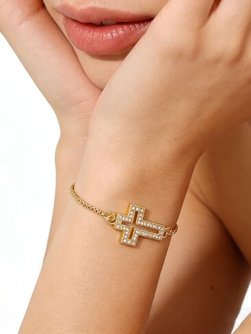 Gold Bracelet for Women, Stainless Steel Rhinestone Hollow Out Cross Chain Bracelet, Dainty CZ Cross Charm Chain Jewelry Faith Gift for Her in Saudi Arabia