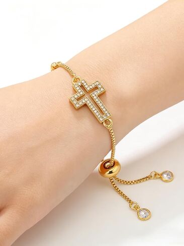 Gold Bracelet for Women, Stainless Steel Rhinestone Hollow Out Cross Chain Bracelet, Dainty CZ Cross Charm Chain Jewelry Faith Gift for Her in Saudi Arabia