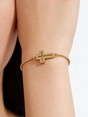 Gold Bracelet for Women, Stainless Steel Rhinestone Hollow Out Cross Chain Bracelet, Dainty CZ Cross Charm Chain Jewelry Faith Gift for Her in Saudi Arabia