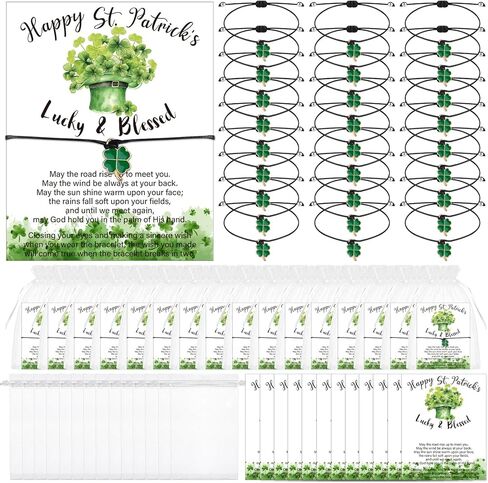 36 Set St. Patrick's Day Gift St. Patrick's Bracelet Bulk Adjustable Wish Bracelets Lucky Clover Shamrock Gifts Irish Favor Wish Clover with Good Luck Wish Cards Organza Bag for Women Men in Saudi Arabia