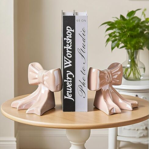 زوج واحد من مساند الكتب المصنوعة من السيراميك بلمسة نهائية لامعة مع قاعدة مضادة للانزلاق، منظمات أرفف مقاس 4.3 × 3.5 × 4.3 بوصة للمنزل/السكن/المكتب (وردي) in Kuwait