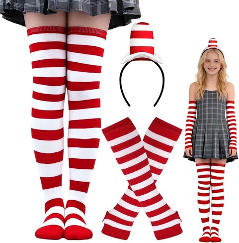 Red and White Striped Costume Set - Stovepipe Hat Headband with Knee High Socks and Gloves Dr. Week Seus Costume, Cat in the Het Headband for Reading week, Halloween in Saudi Arabia