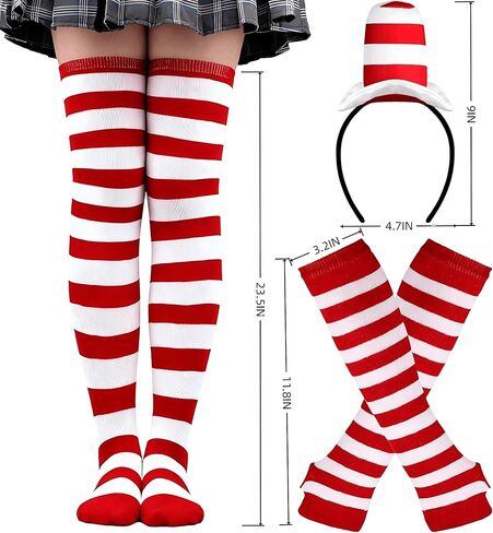 Red and White Striped Costume Set - Stovepipe Hat Headband with Knee High Socks and Gloves Dr. Week Seus Costume, Cat in the Het Headband for Reading week, Halloween in Saudi Arabia