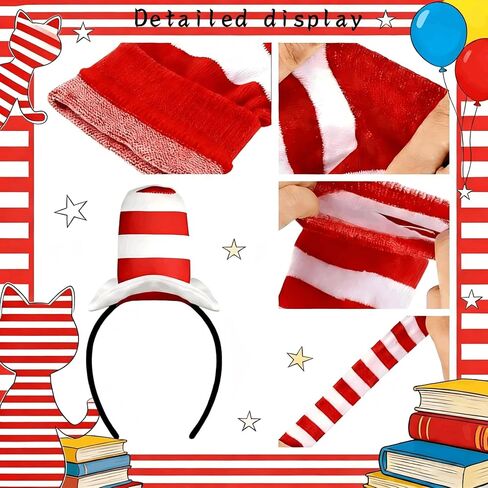 Red and White Striped Costume Set - Stovepipe Hat Headband with Knee High Socks and Gloves Dr. Week Seus Costume, Cat in the Het Headband for Reading week, Halloween in Saudi Arabia