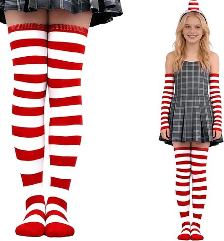 Red and White Striped Costume Set - Stovepipe Hat Headband with Knee High Socks and Gloves Dr. Week Seus Costume, Cat in the Het Headband for Reading week, Halloween in Saudi Arabia