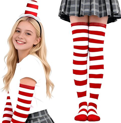 Red and White Striped Costume Set - Stovepipe Hat Headband with Knee High Socks and Gloves Dr. Week Seus Costume, Cat in the Het Headband for Reading week, Halloween in Saudi Arabia