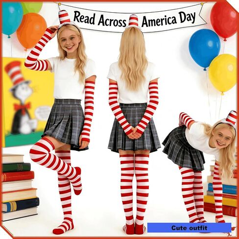 Red and White Striped Costume Set - Stovepipe Hat Headband with Knee High Socks and Gloves Dr. Week Seus Costume, Cat in the Het Headband for Reading week, Halloween in Saudi Arabia