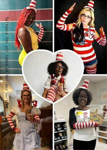 Red and White Striped Costume Set - Stovepipe Hat Headband with Knee High Socks and Gloves Dr. Week Seus Costume, Cat in the Het Headband for Reading week, Halloween in Saudi Arabia