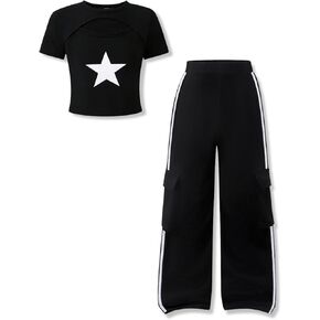 Size 7-14Y Girls Clothes 2 Piece Outfits Star Print Top Striped Wide Leg Pants Summer Teen Girls Y2K Clothing Set in Kuwait