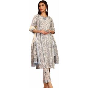 Women's Cotton Blend Floral Print Kurta Set with Dupatta, Pink, 3/4 Sleeve, Regular Fit, 3 Pieces in Saudi Arabia