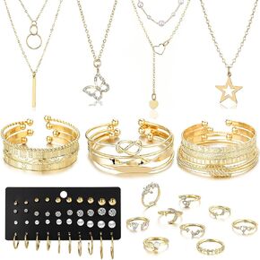 46Pcs Gold Jewelry Set for Women with 5 Necklace, 12 Bracelet, 5 Hoop Earrings, 15 Stud Earrings and 9 Rings Jewelry Set For Gifts for Women. in Kuwait