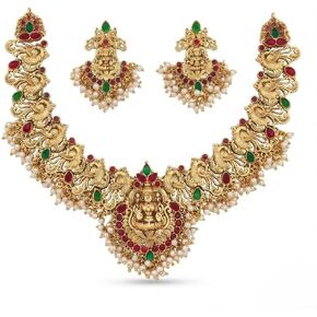 Temple Jewelry Necklace Set for Women – Gold Plated Goddess Lakshmi Design Statement Necklace with Matching Earrings, Green & Red Stones, Traditional Indian Bridal Wedding Jewelry in Saudi Arabia