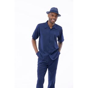 MONTIQUE Walking Suit For Men 2 Piece Set - Short Sleeve Shirt and Long Pants, Solid Colors - LN77 in Kuwait