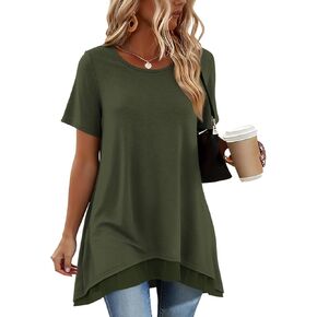 Poetsky Women's Short Sleeve Tunic Tops for Legging Layered Chiffon Hem Casual Loose Long Shirts with Pockets in Saudi Arabia