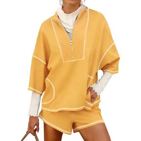 مجموعة ملابس Gozoloma النسائية الصيفية المكونة من قطعتين متطابقة مع خياطة متباينة - بلوزة بأكمام قصيرة نصف سحاب وسروال قصير مع جيوب in Kuwait