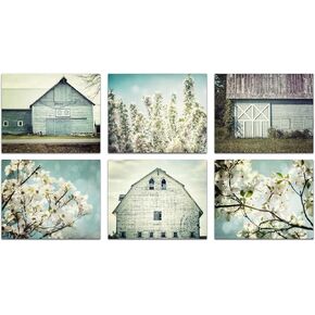 LISA RUSSO FINE ART - مجموعة Shabby Chic Farmhouse مكونة من 6 مطبوعات صغيرة مقاس 5x7 بوصة - غير مؤطرة - حظيرة زرقاء مائية باستيل، زهور، صور زهور - معرض حائط كوخ ريفي in Kuwait
