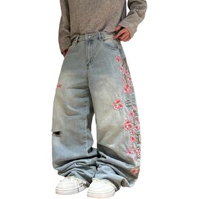 Men's Baggy Jeans Blossom Embroidery Pattern Wide Leg Y2K Jeans Mid Rise Denim Pants Streetwear in Kuwait