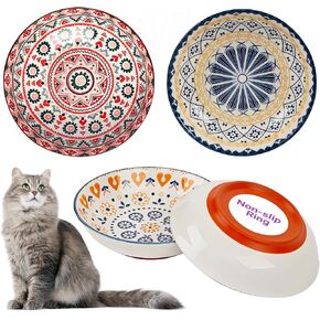 Whisker Fatigue Cat Bowl, 3PCS Ceramic Cat Bowls, 5.5 in Shallow Cat Food Dish, Cute Flat Cat Bowl, Small Wide Cat Plates for Indoor Cats with Silicone Bottom, Non-Slip and Quiet in Kuwait