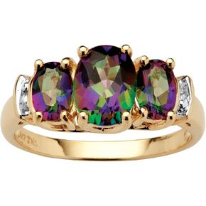 PalmBeach 10K Yellow Gold Oval Cut Genuine Mystic Fire Topaz and Diamond Accent 3-Stone Ring Sizes 6-10 in Saudi Arabia