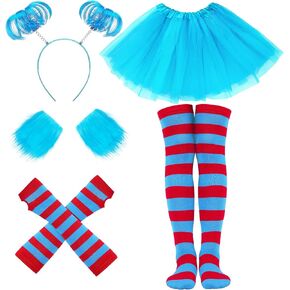 5 قطع أزياء الهالوين للنساء البالغات، تنورة توتو زرقاء/عصابة رأس على شكل ذيل حصان/أساور معصم قطيفة/جوارب مخططة/قفازات in Kuwait