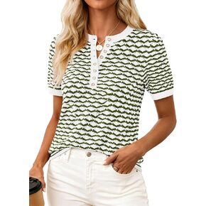 PRETTYGARDEN سترة نسائية صيفية متماسكة بأزرار وأكمام قصيرة سترة غير رسمية بياقة دائرية قمصان شيفرون هينلي بلوزات عمل أنيقة in Kuwait