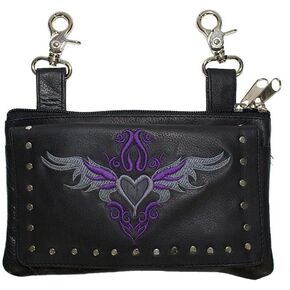 Motorcycle Womens Fanny Waist Pack Leg Back Pack Real Leather Crossbody Belt with Clip Pouch 8.5 X 5.5 (Purple Heart & Studs) in Saudi Arabia