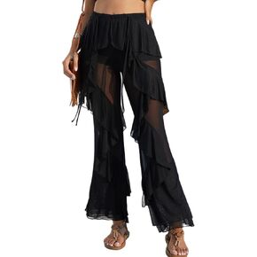 Women Ruffle Mesh Pants Sexy Flare Beach Cover Up Pants Sheer Going Out Bottoms for Pool Party Festival Rave Vacation in Saudi Arabia
