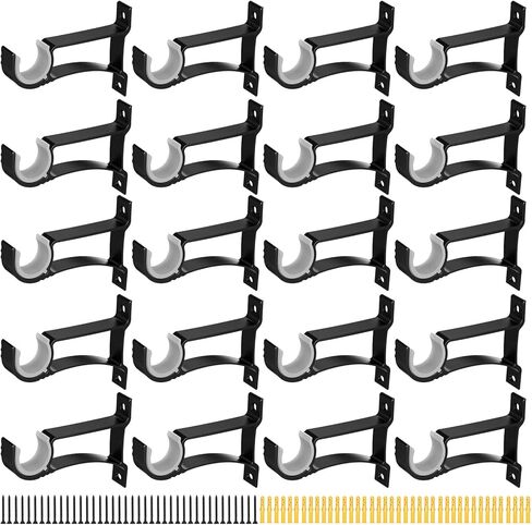 20-Pack Heavy Duty Black Curtain Rod Brackets – Aluminum Alloy & PVC Wall Mount Hooks for 1" to 1.2" Drape Rods – Rust-Proof, Sturdy Support for Indoor/Outdoor Use in Saudi Arabia