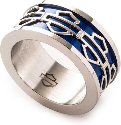 Harley-Davidson Men's Blue Bar & Shield Logo Stainless Steel Band Ring, Silver in Saudi Arabia