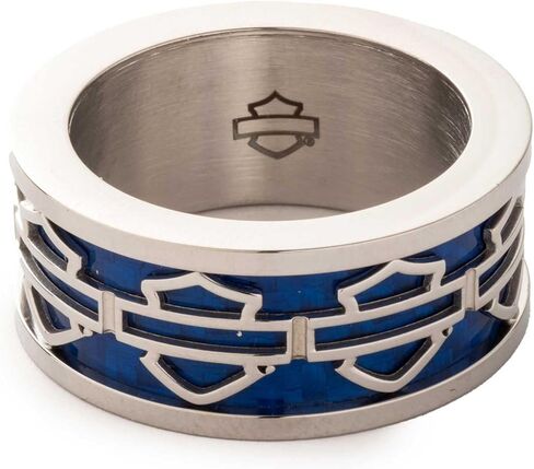 Harley-Davidson Men's Blue Bar & Shield Logo Stainless Steel Band Ring, Silver in Saudi Arabia