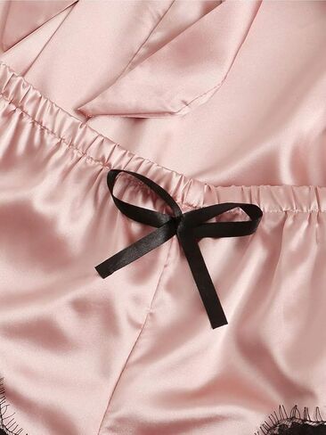 Women' Silk Satin Pajamas Set 4pcs Lingerie Floral Lace Cami Sleepwear with Robe in Saudi Arabia