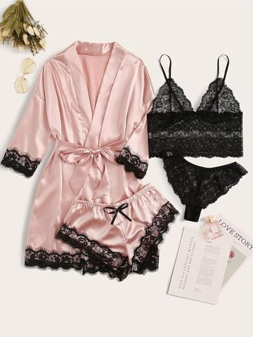Women' Silk Satin Pajamas Set 4pcs Lingerie Floral Lace Cami Sleepwear with Robe in Saudi Arabia