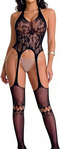 Sexy Lingerie for Women, Black Rhinestone Cutout Bodysuit, One Size High Stretch Nylon Lace Teddy (Style-Black04) in Saudi Arabia
